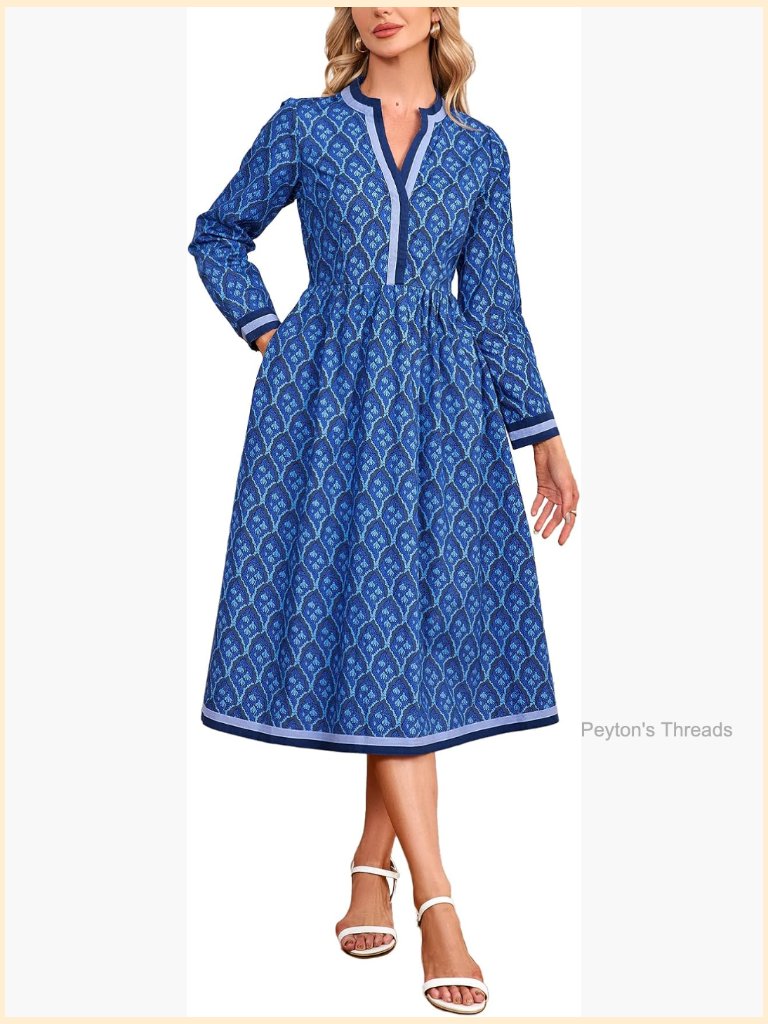 Fall Floral Midi Dress Long Sleeve V Neck A Line Elastic Waist Flowy Boho
